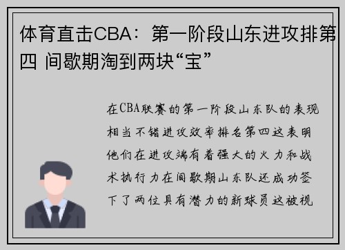 体育直击CBA：第一阶段山东进攻排第四 间歇期淘到两块“宝”